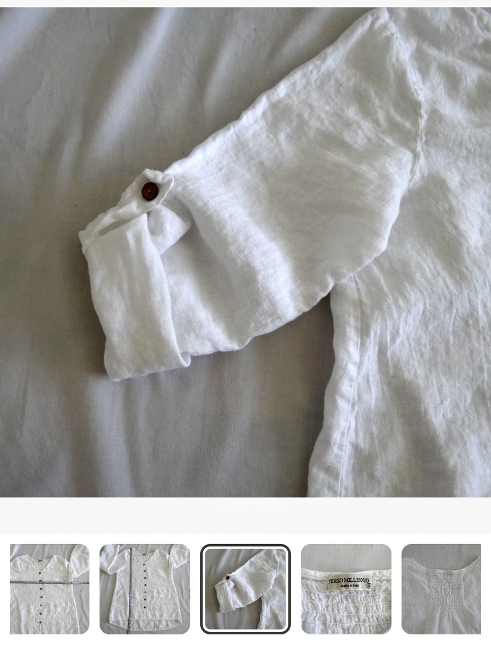 White Linen Button-Front Italy V-Neck Blouse small lagenlook - Picture 6 of 9